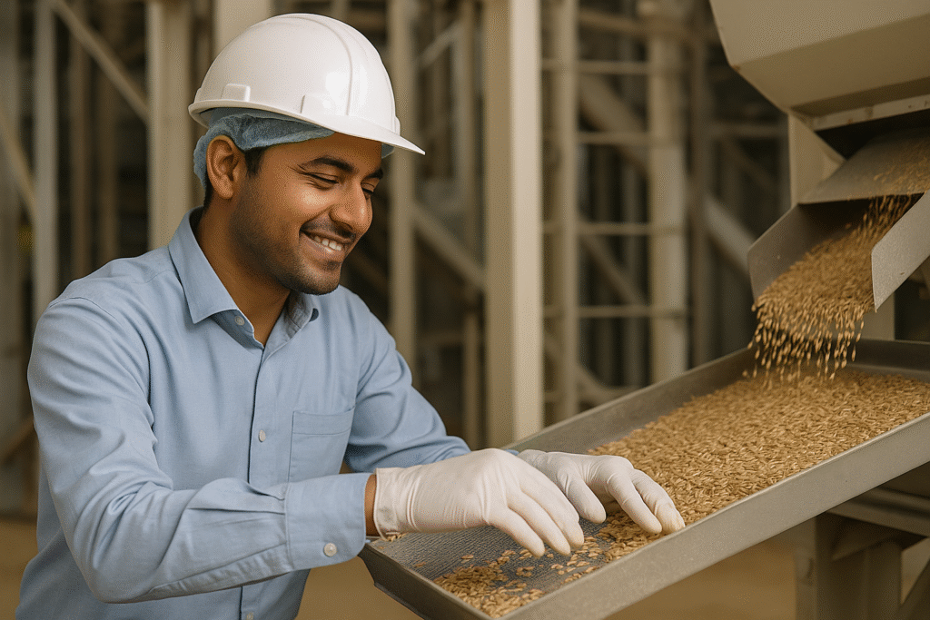 Workers inspecting flour